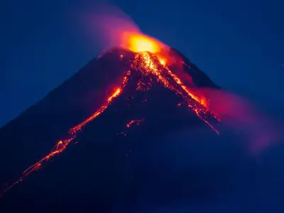 Fiery eruption of Mayon Volcano in the Bicol region, showcasing a stunning natural phenomenon.