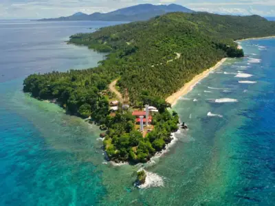 Stunning aerial view of the lush coastline in Governor Generoso, Davao Region, Philippines.