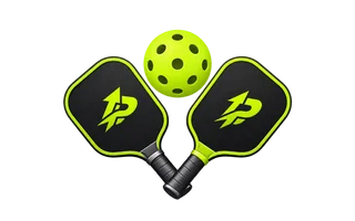 Two crossed pickleball paddles and a ball